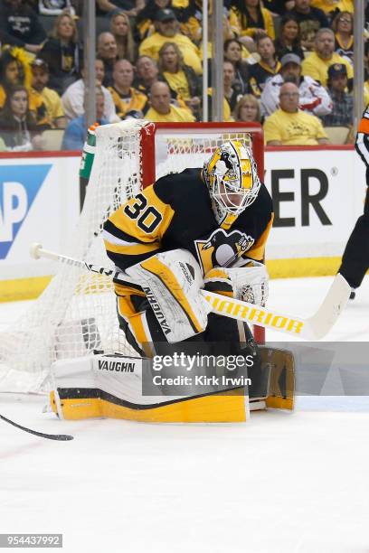 Matt Murray of the Pittsburgh Penguins makes a save in Game Three of the Eastern Conference Second Round during the 2018 NHL Stanley Cup Playoffs...