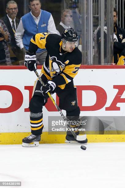Evgeni Malkin of the Pittsburgh Penguins controls the puck in Game Three of the Eastern Conference Second Round during the 2018 NHL Stanley Cup...