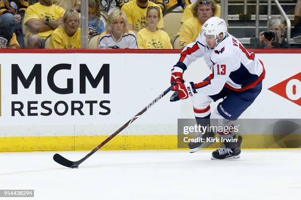 Jakub Vrana of the Washington Capitals controls the puck in Game Three of the Eastern Conference Second Round during the 2018 NHL Stanley Cup...