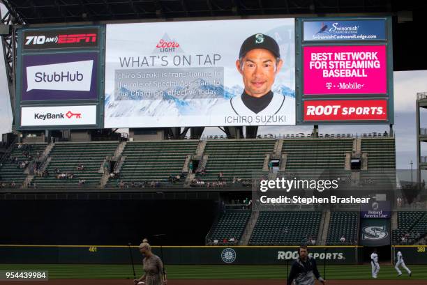 The scoreboard announces that Ichiro Suzuki of the Seattle Mariners was removed from the 15-man roster and made special assistant to the chariman...