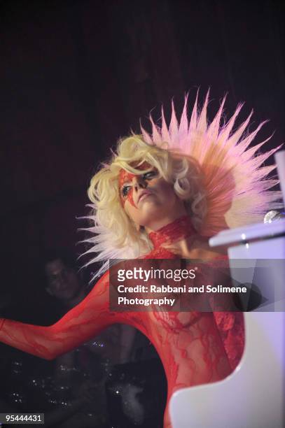 Lady Gaga performs during the launch of V61 hosted by V Magazine, Marc Jacobs and Belvedere Vodka at the Hiro Ballroom at The Maritime Hotel on...