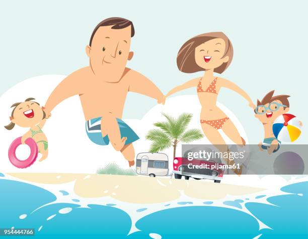 ilustraciones, imágenes clip art, dibujos animados e iconos de stock de familia feliz saltando en una playa de arena. - family beach