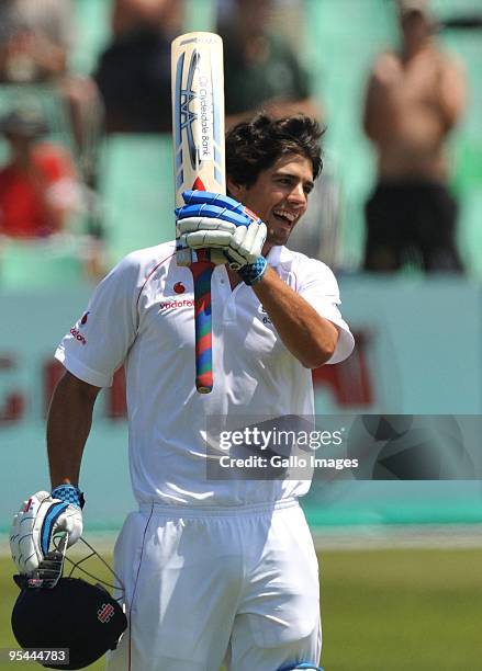 Alastair Cook of England celebrates his 100 during day 3 of the 2nd test match between South Africa and England from Sahara Stadium Kingsmead on...