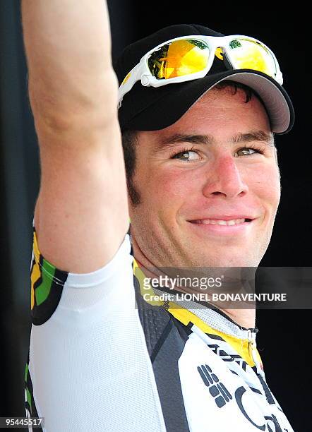 Cycling Team Columbia-High Road 's leader Mark Cavendish of Great Britain jubilates on the podium after winning his fifth stage on July 24, 2009 at...