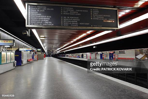 View taken on December 22, 2009 shows a deserted platform of the Auber metro station during a strike by rail workers in Paris. The strike was called...