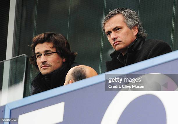 Ex-Chelsea manager Jose Mourinho , now coach of Inter Milan and fitness coach Rui Faria look on from the stand prior to the Barclays Premier League...