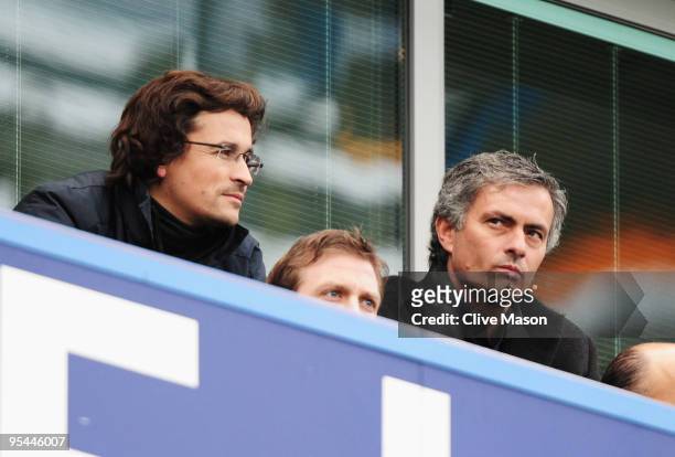 Ex-Chelsea manager Jose Mourinho , now coach of Inter Milan and fitness coach Rui Faria look on from the stand prior to the Barclays Premier League...