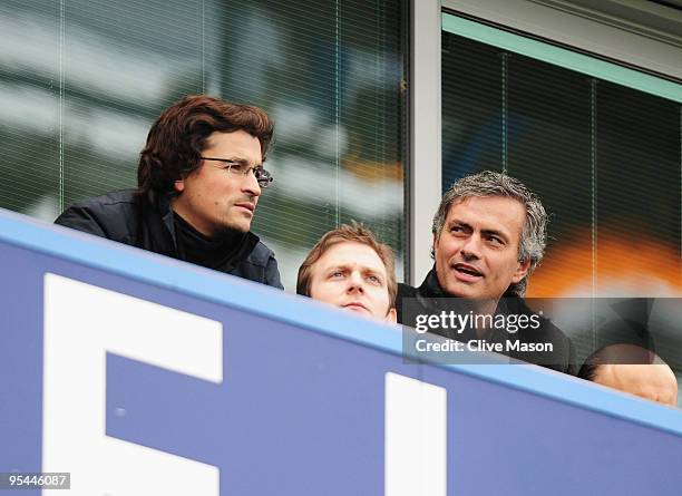 Ex-Chelsea manager Jose Mourinho , now coach of Inter Milan and fitness coach Rui Faria look on from the stand prior to the Barclays Premier League...