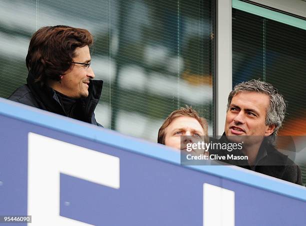 Ex-Chelsea manager Jose Mourinho , now coach of Inter Milan and fitness coach Rui Faria look on from the stand prior to the Barclays Premier League...