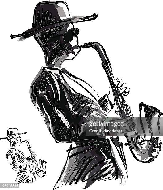 playing the saxophone - vignette stock illustrations