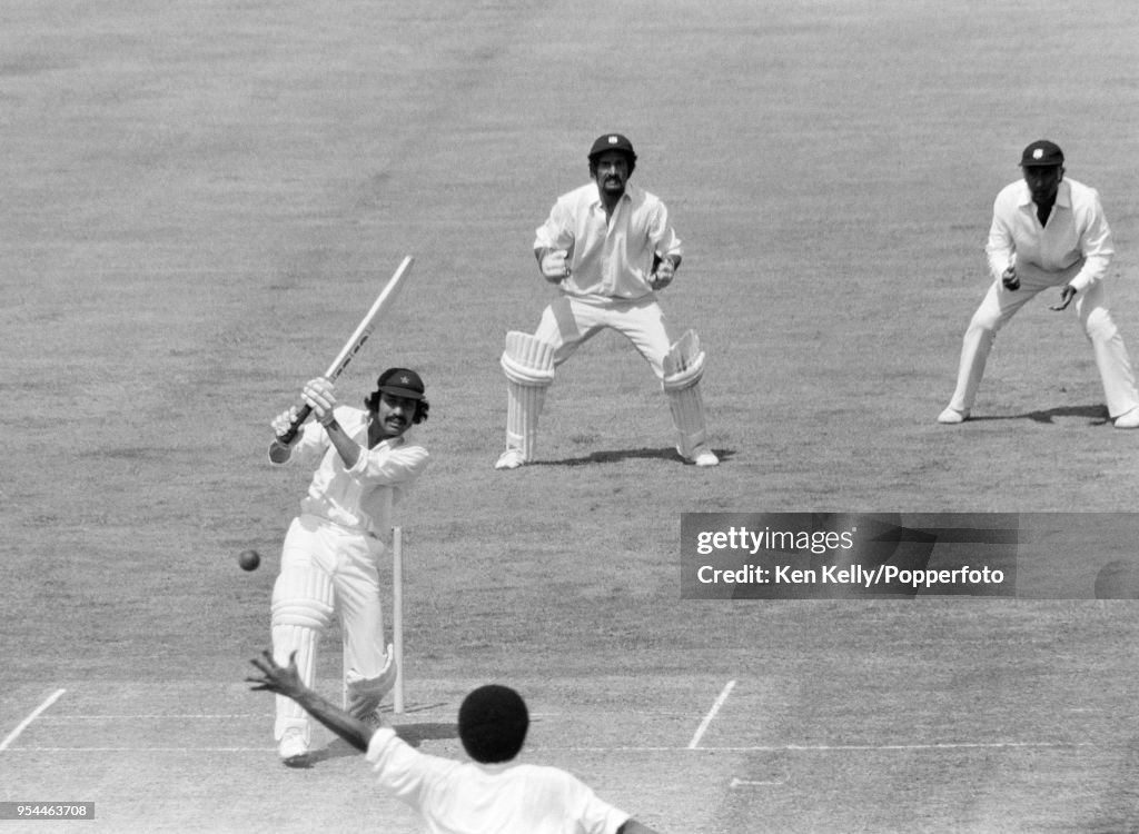 Pakistan batsman Wasim Raja drives a delivery from West Indies bowler ...