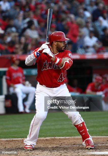 Rene Rivera of the Los Angeles Angels of Anaheim bats in the fifth inning during the MLB game against the New York Yankees at Angel Stadium on April...