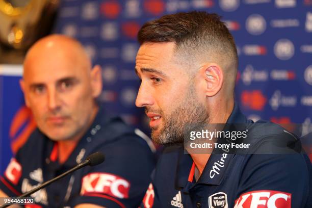 Carl Valeri and Kevin Muscat of Melbourne Victory talk to the media at the official pre-match press conference during a media opportunity ahead of...