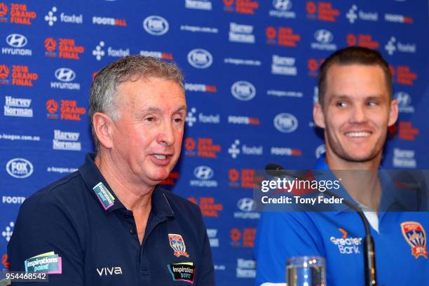 Ernie Merrick and Nigel Boogaard of the Jets talk to the media at the official pre-match press conference during a media opportunity ahead of the...