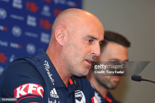 Kevin Muscat and Carl Valeri of Melbourne Victory talk to the media at the official pre-match press conference during a media opportunity ahead of...