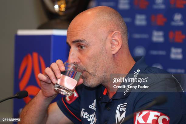 Kevin Muscat of Melbourne Victory talks to the media at the official pre-match press conference during a media opportunity ahead of the 2018 A-League...