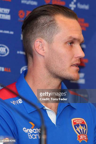 Nigel Boogaard of the Jets talk to the media at the official pre-match press conference during a media opportunity ahead of the 2018 A-League Grand...
