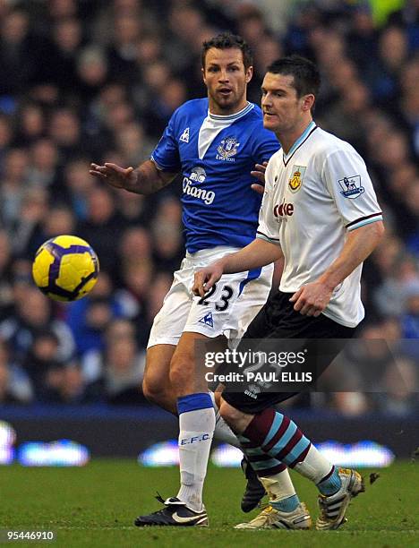 Everton's Australian defender Lucas Neill vies with Burnley's English forward David Nugent during the English Premier League football match between...