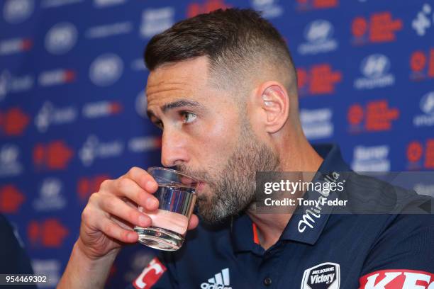 Carl Valeri of Melbourne Victory talks to the media at the official pre-match press conference during a media opportunity ahead of the 2018 A-League...