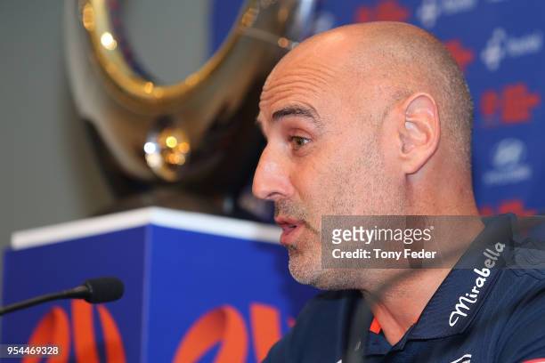 Kevin Muscat of Melbourne Victory talks to the media at the official pre-match press conference during a media opportunity ahead of the 2018 A-League...