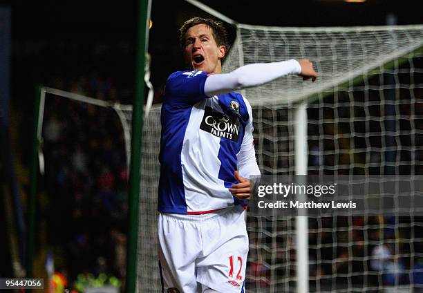 Morten Gamst Pedersen of Blackburn celebrates his goal during the Barclays Premier League match between Blackburn Rovers and Sunderland at Ewood Park...