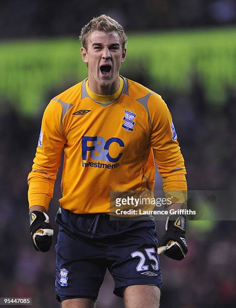 Joe Hart of Birmingham celebrates the first goal during the Barclays Premier League match between Stoke City and Birmingham City at The Britannia...