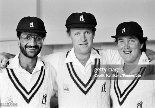 Dennis Amiss of Warwickshire stands with teammates Asif Din and Andy Moles during his last match for Warwickshire, against Yorkshire at Scarborough,...