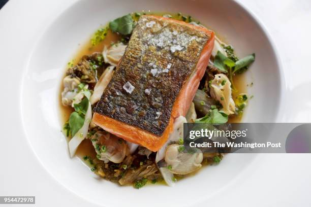 Wild King Salmon with Roasted Maitake, Confit Shallots, Clams and Lemongrass with Shellfish Broth at Siren, a new seafood restaurant photographed in...