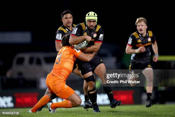 Charlie Ngatai of the Chiefs is tackled during the round 12 Super Rugby match between the Chiefs and the Jaguares at Rotorua International Stadium on...