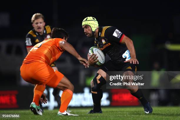 Charlie Ngatai of the Chiefs is tackled during the round 12 Super Rugby match between the Chiefs and the Jaguares at Rotorua International Stadium on...