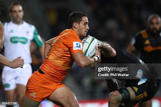 Joaquin Tuculet of the Jaguares makes a break during the round 12 Super Rugby match between the Chiefs and the Jaguares at Rotorua International...