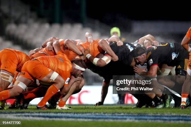 The scrum packs down during the round 12 Super Rugby match between the Chiefs and the Jaguares at Rotorua International Stadium on May 4, 2018 in...