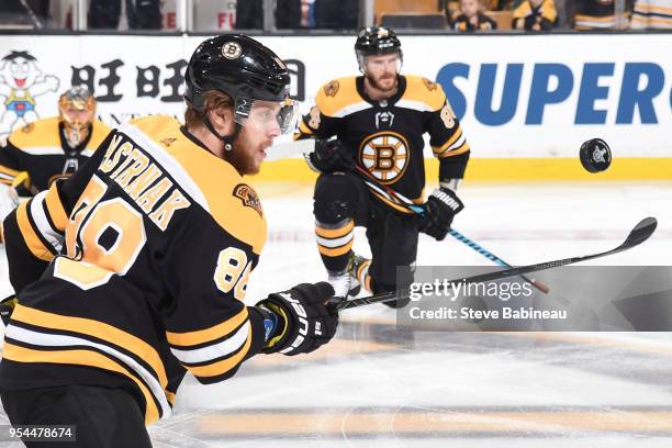 David Pastrnak of the Boston Bruins warms up before the game against the Tampa Bay Lightning in Game Three of the Eastern Conference Second Round...