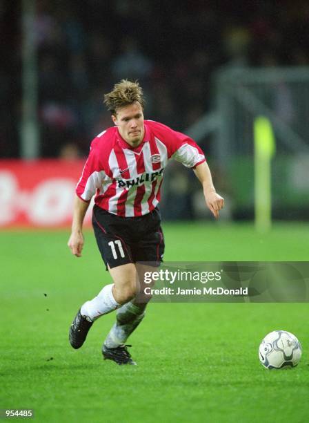 Joonas Kolkka of PSV Eindhoven runs with the ball during the UEFA Cup Quarter Finals second leg match against Kaiserslautern played at the Philips...