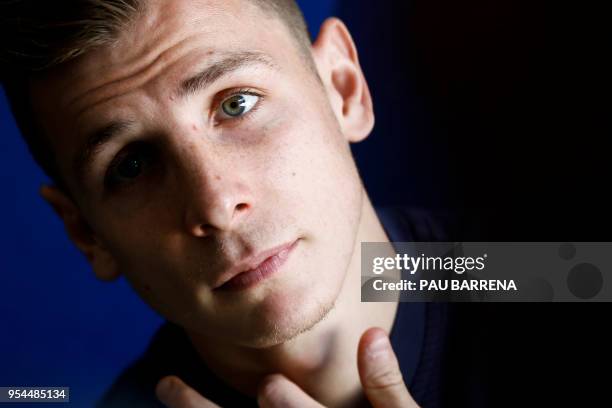 Barcelona's French defender Lucas Digne, pauses as he speaks during an AFP interview at the FC Barcelona's Joan Gamper Sports Center in Sant Joan...