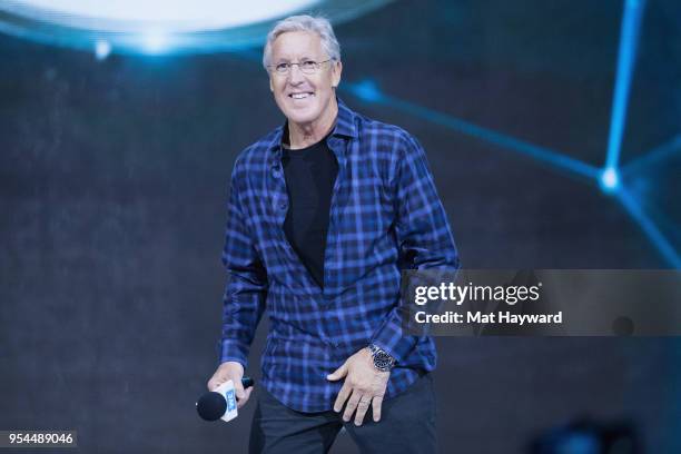 Seattle Seahawks NFL Head Coach Pete Carroll speaks on stage during WE Day at KeyArena on May 3, 2018 in Seattle, Washington.