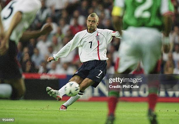 England captain David Beckham scores from a freekick during the England v Mexico International Friendly played at Pride Park in Derby, England....
