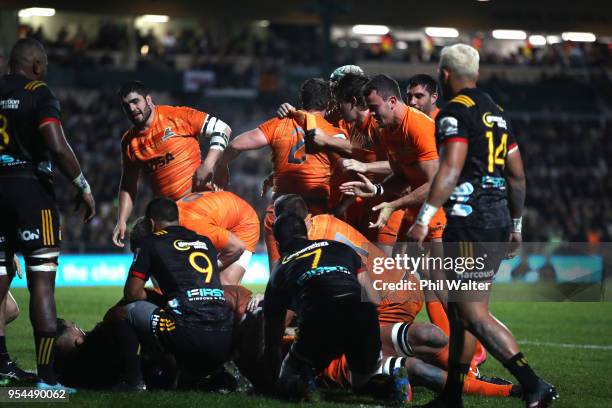 The Jaguares celebrate a penalty try during the round 12 Super Rugby match between the Chiefs and the Jaguares at Rotorua International Stadium on...
