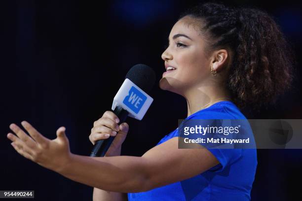 Olympic gymnast Laurie Hernandez speaks on stage during WE Day at KeyArena on May 3, 2018 in Seattle, Washington.