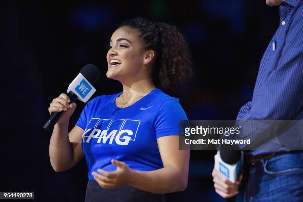Olympic gymnast Laurie Hernandez speaks on stage during WE Day at KeyArena on May 3, 2018 in Seattle, Washington.