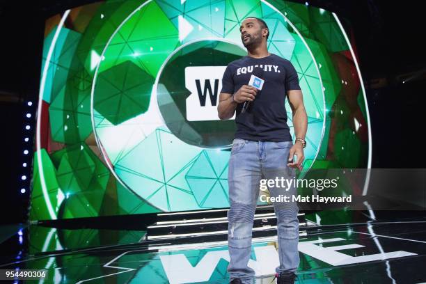 Seattle Seahawks wide receiver Doug Baldwin speaks on stage during WE Day at KeyArena on May 3, 2018 in Seattle, Washington.