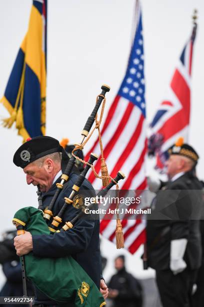 Service is held at the American monument on Islay's Mull of Oa to mark the sinking of SS Tuscania and HMS Otranto on May 4, 2018 in Islay, Scotland....