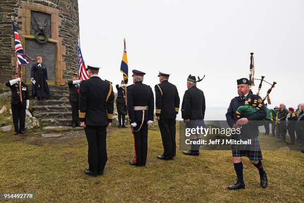 Service is held at the American monument on Islay's Mull of Oa to mark the sinking of SS Tuscania and HMS Otranto on May 4, 2018 in Islay, Scotland....