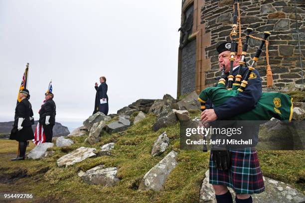 Service is held at the American monument on Islay's Mull of Oa to mark the sinking of SS Tuscania and HMS Otranto on May 4, 2018 in Islay, Scotland....