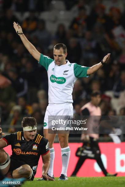 Referee Mike Fraser during the round 12 Super Rugby match between the Chiefs and the Jaguares at Rotorua International Stadium on May 4, 2018 in...