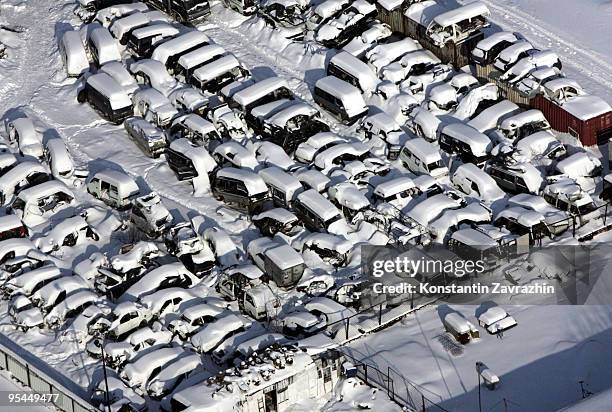 Destroyed Japanese cars are seen from a helicopter December 28, 2009 in Vladivostok, Russia. This year has seen a rise in tariffs on imported...