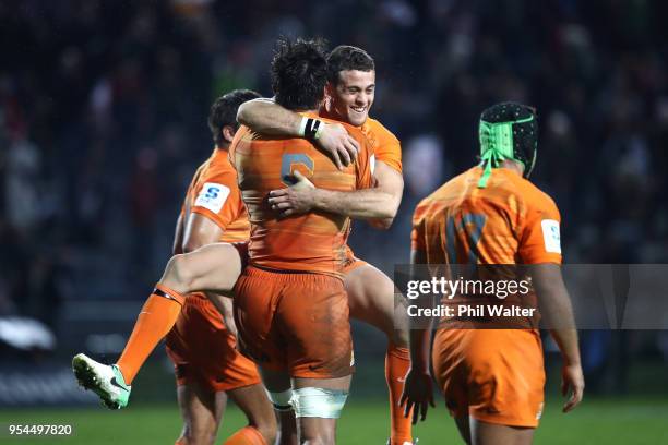 Santiago Gonzalez Iglesias of the Jaguares celebrates on full time during the round 12 Super Rugby match between the Chiefs and the Jaguares at...