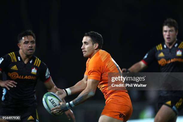 Joaquin Tuculet of the Jaguares makes a break during the round 12 Super Rugby match between the Chiefs and the Jaguares at Rotorua International...