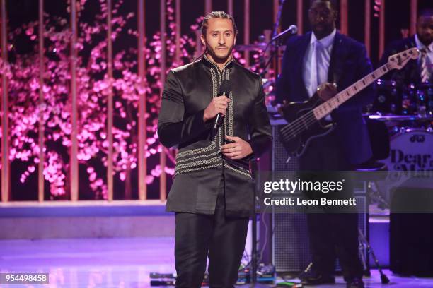 Player Colin Kaepernick speaks onstage during VH1's 3rd Annual "Dear Mama: A Love Letter To Moms" - Inside Show at The Theatre at Ace Hotel on May 3,...