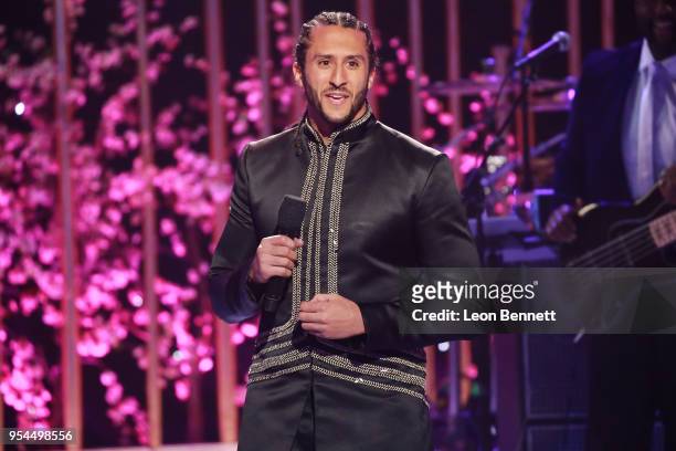 Player Colin Kaepernick speaks onstage during VH1's 3rd Annual "Dear Mama: A Love Letter To Moms" - Inside Show at The Theatre at Ace Hotel on May 3,...